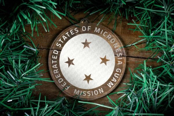 LDS Federated States of Micronesia Guam Mission Christmas Ornament surrounded by a Simple Reef