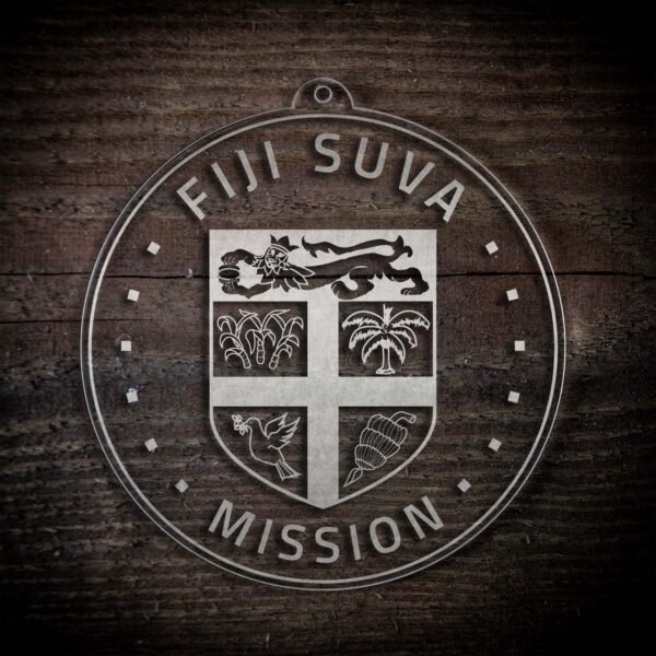 LDS Fiji Suva Mission Christmas Ornament laying on a Wooden Background