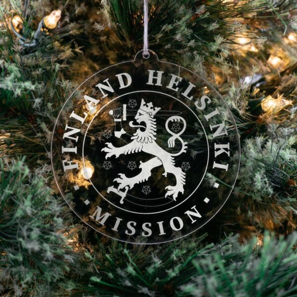 LDS Finland Helsinki Mission Christmas Ornament hanging on a Tree