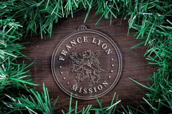 LDS France Lyon Mission Christmas Ornament surrounded by a Simple Reef