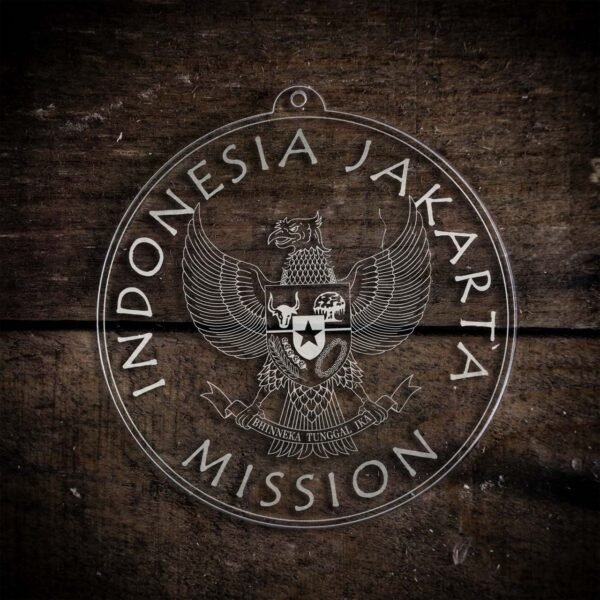LDS Indonesia Jakarta Mission Christmas Ornament laying on a Wooden Background