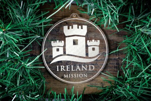 LDS Ireland Mission Christmas Ornament surrounded by a Simple Reef