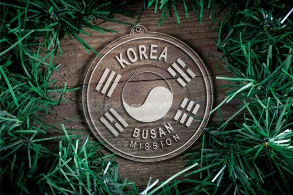 LDS Korea Busan Mission Christmas Ornament surrounded by a Simple Reef