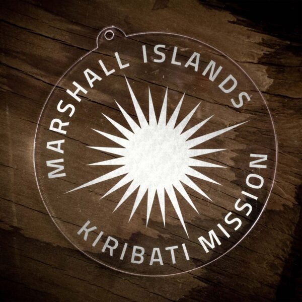 LDS Marshall Islands - Kiribati Mission Christmas Ornament laying on a Wooden Background