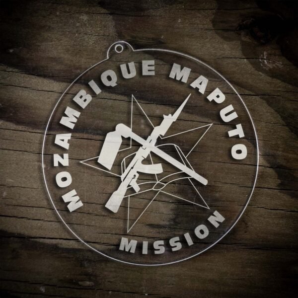 LDS Mozambique Maputo Mission Christmas Ornament laying on a Wooden Background