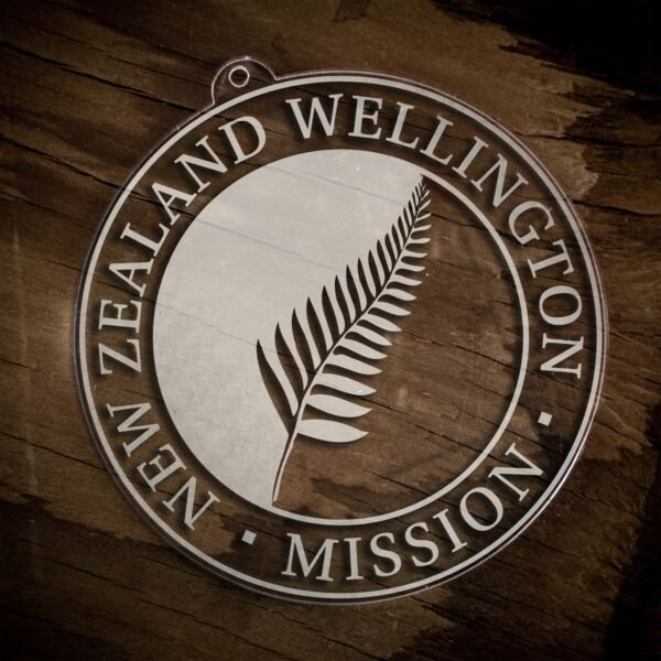 LDS New Zealand Wellington Mission Christmas Ornament laying on a Wooden Background