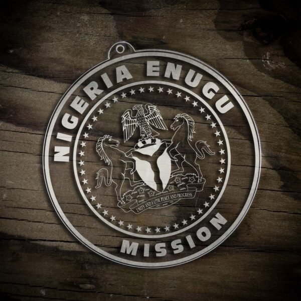 LDS Nigeria Enugu Mission Christmas Ornament laying on a Wooden Background