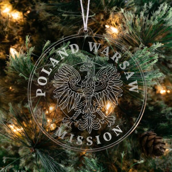LDS Poland Warsaw Mission Christmas Ornament hanging on a Tree