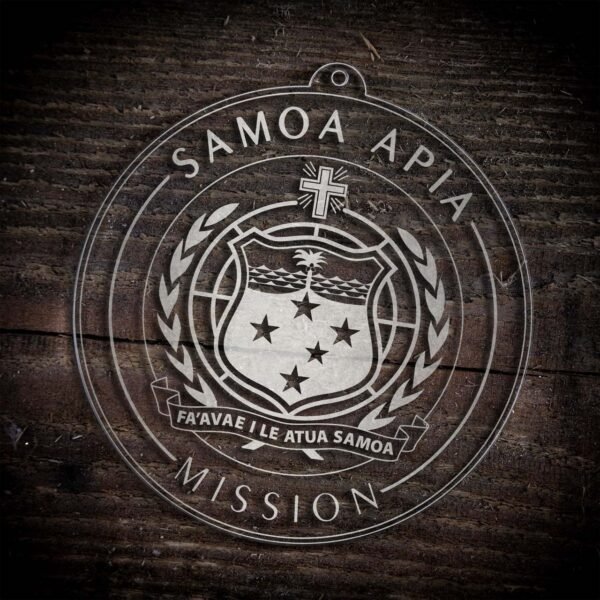 LDS Samoa Apia Mission Christmas Ornament laying on a Wooden Background