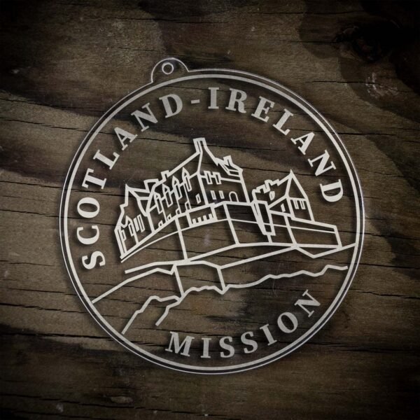 LDS Scotland - Ireland Mission (Edinburgh) Christmas Ornament laying on a Wooden Background