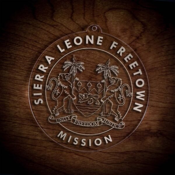 LDS Sierra Leone Freetown Mission Christmas Ornament laying on a Wooden Background