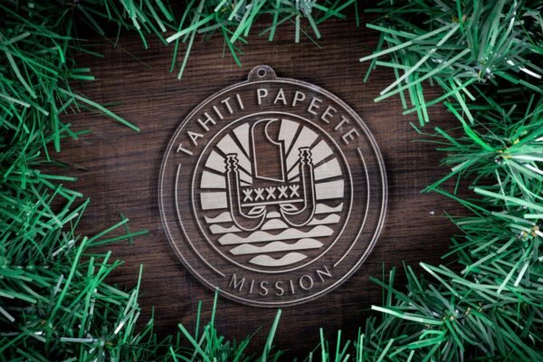 LDS Tahiti Papeete Mission Christmas Ornament surrounded by a Simple Reef
