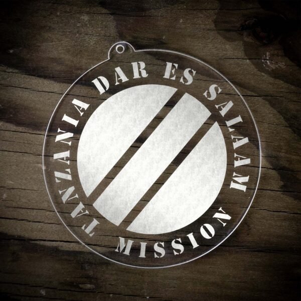 LDS Tanzania Dar es Salaam Mission Christmas Ornament laying on a Wooden Background