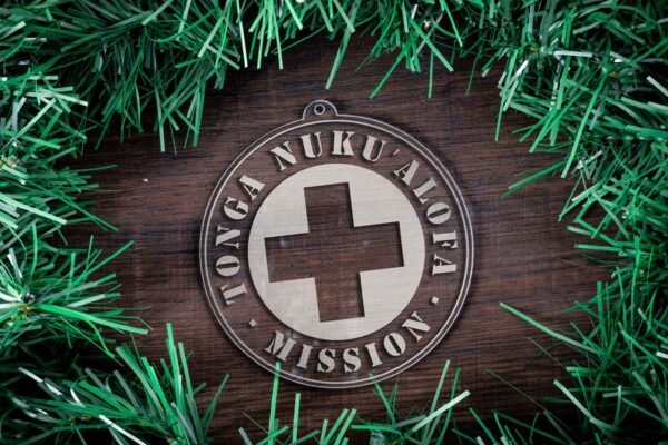 LDS Tonga Nukuʻalofa Mission Christmas Ornament surrounded by a Simple Reef