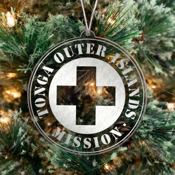 LDS Tonga Outer Islands Mission Christmas Ornament hanging on a Tree