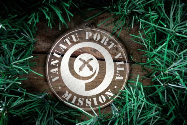 LDS Vanuatu Port Vila Mission Christmas Ornament surrounded by a Simple Reef