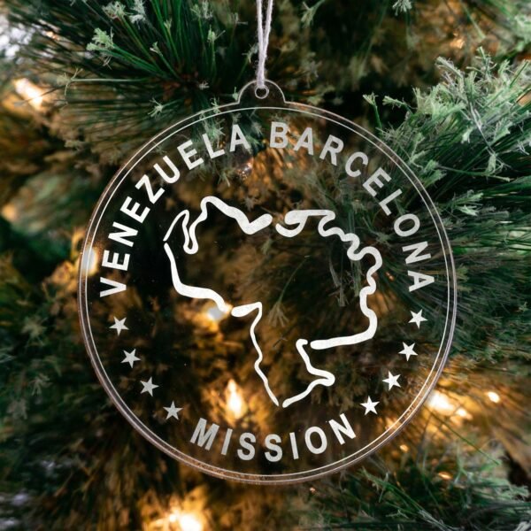LDS Venezuela Barcelona Mission Christmas Ornament hanging on a Tree