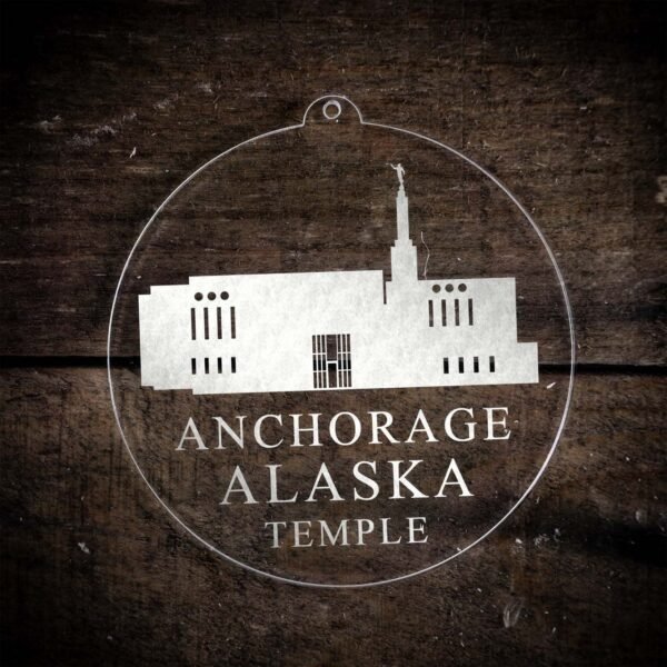 LDS Anchorage Alaska Temple Christmas Ornament laying on a Wooden Background