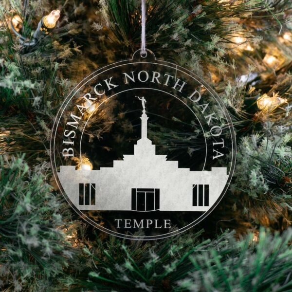 LDS Bismarck North Dakota Temple Christmas Ornament hanging on a Tree