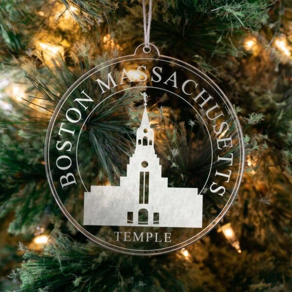 LDS Boston Massachusetts Temple Christmas Ornament hanging on a Tree