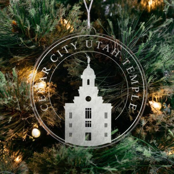 LDS Cedar City Utah Temple Christmas Ornament hanging on a Tree