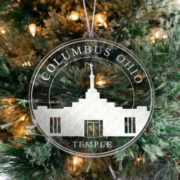 LDS Columbus Ohio Temple Christmas Ornament hanging on a Tree