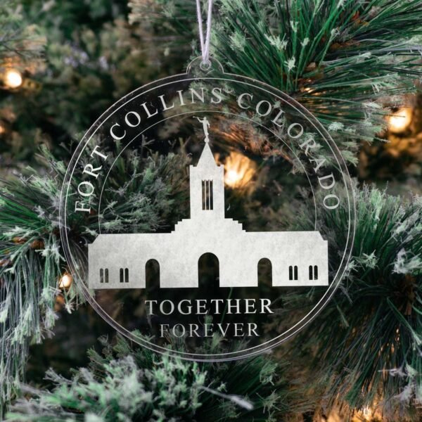 LDS Fort Collins Colorado Temple Christmas Ornament hanging on a Tree