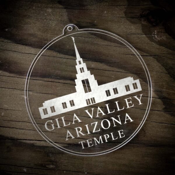 LDS Gila Valley Arizona Temple Christmas Ornament laying on a Wooden Background