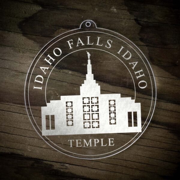 LDS Idaho Falls Idaho Temple Christmas Ornament laying on a Wooden Background