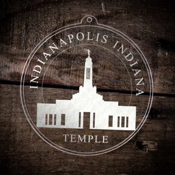 LDS Indianapolis Indiana Temple Christmas Ornament laying on a Wooden Background