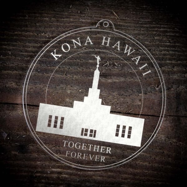 LDS Kona Hawaii Temple Christmas Ornament laying on a Wooden Background