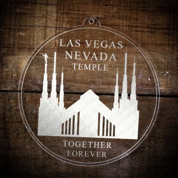 LDS Las Vegas Nevada Temple Christmas Ornament laying on a Wooden Background