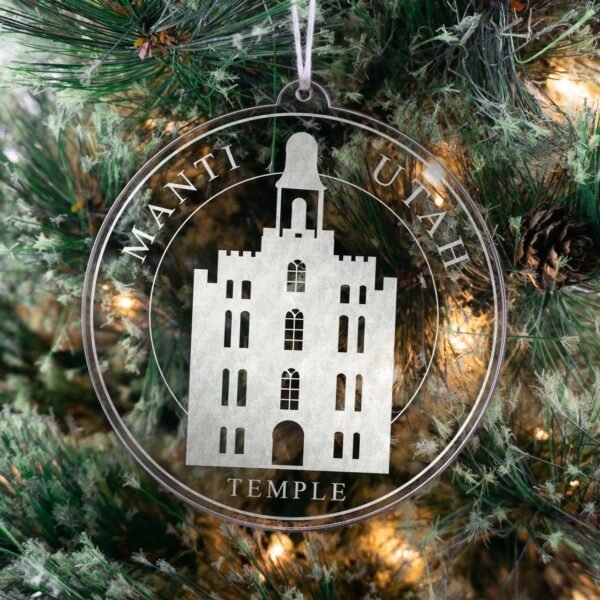 LDS Manti Utah Temple Christmas Ornament hanging on a Tree
