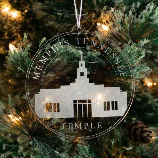 LDS Memphis Tennessee Temple Christmas Ornament hanging on a Tree