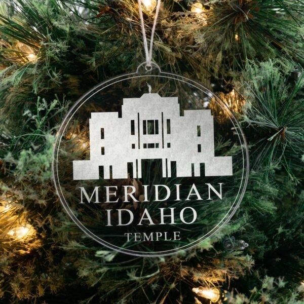 LDS Meridian Idaho Temple Christmas Ornament hanging on a Tree