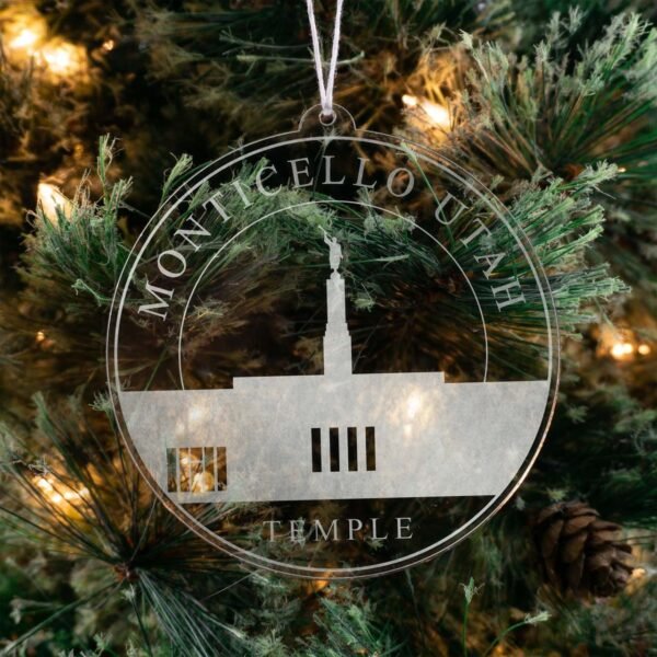 LDS Monticello Utah Temple Christmas Ornament hanging on a Tree