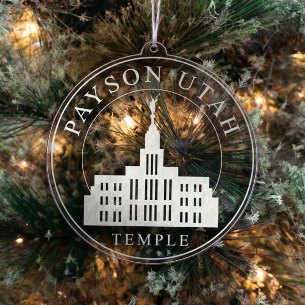LDS Payson Utah Temple Christmas Ornament hanging on a Tree