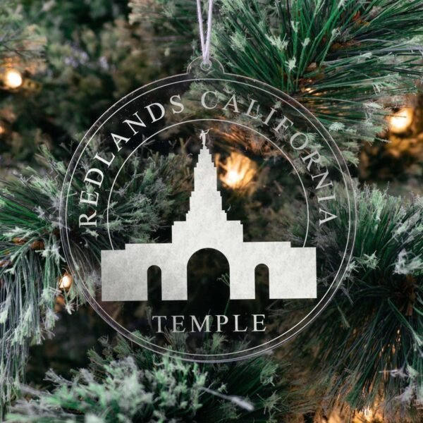 LDS Redlands California Temple Christmas Ornament hanging on a Tree