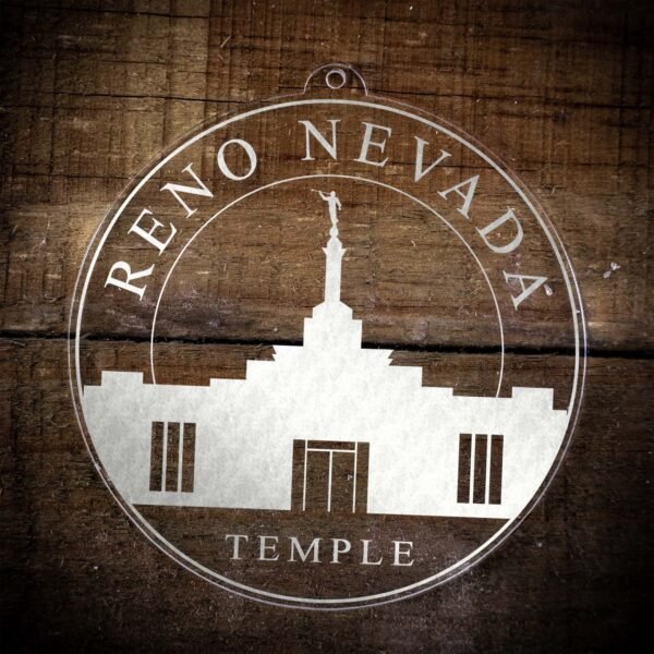 LDS Reno Nevada Temple Christmas Ornament laying on a Wooden Background