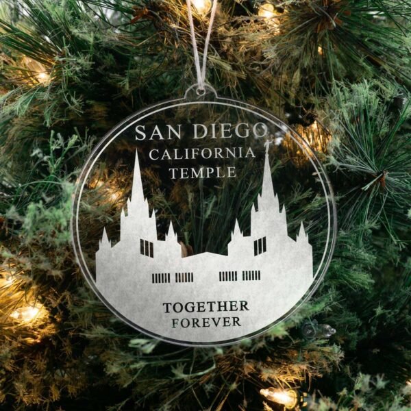 LDS San Diego California Temple Christmas Ornament hanging on a Tree