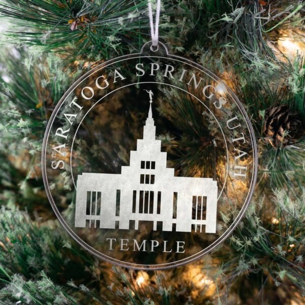 LDS Saratoga Springs Utah Temple Christmas Ornament hanging on a Tree