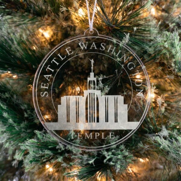 LDS Seattle Washington Temple Christmas Ornament hanging on a Tree