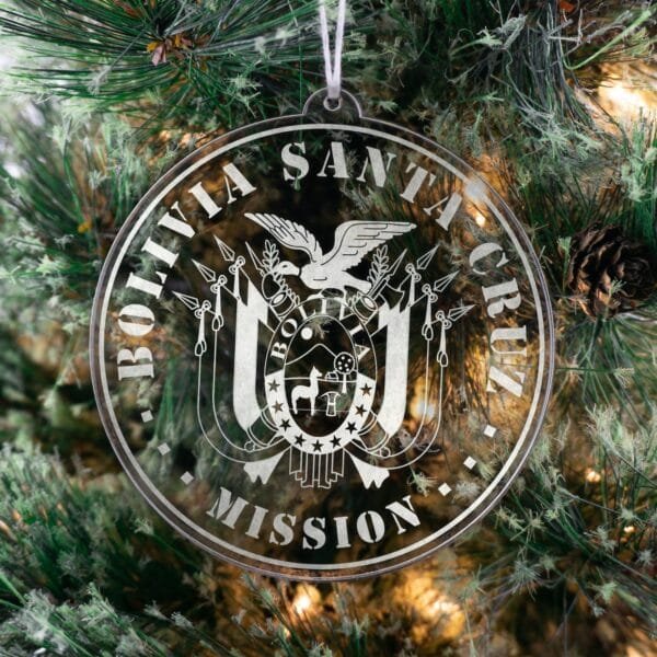 LDS Bolivia Santa Cruz Mission Christmas Ornament hanging on a Tree