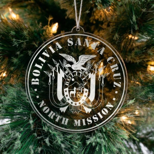 LDS Bolivia Santa Cruz North Mission Christmas Ornament hanging on a Tree