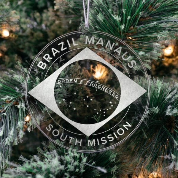 LDS Brazil Manaus South Mission Christmas Ornament hanging on a Tree