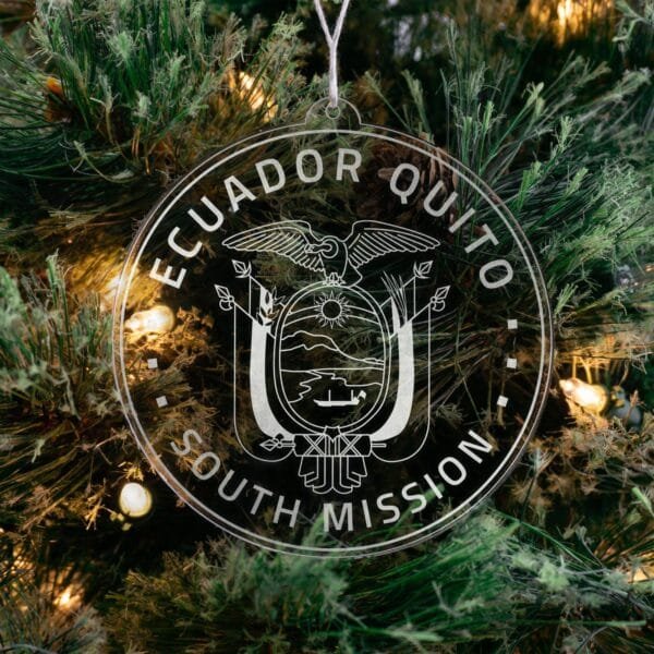 LDS Ecuador Quito South Mission Christmas Ornament hanging on a Tree