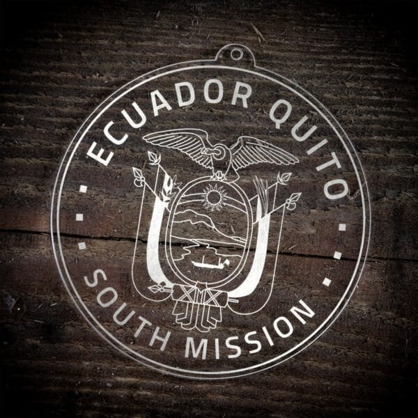 LDS Ecuador Quito South Mission Christmas Ornament laying on a Wooden Background
