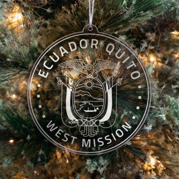 LDS Ecuador Quito West Mission Christmas Ornament hanging on a Tree