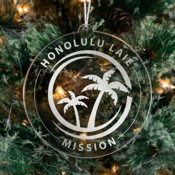LDS Hawaii Laie Mission Christmas Ornament hanging on a Tree