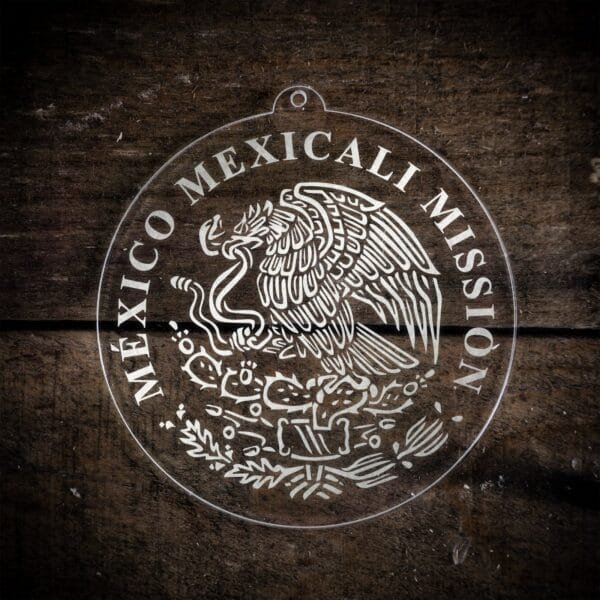 LDS Mexico Mexicali Mission Christmas Ornament laying on a Wooden Background